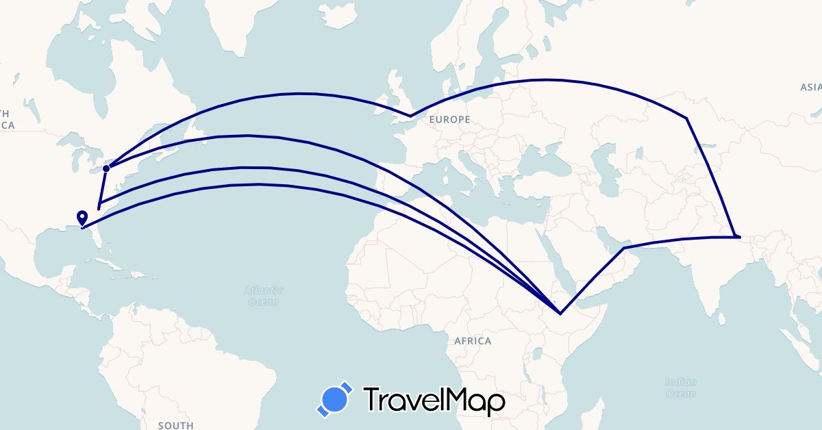 TravelMap itinerary: driving in United Arab Emirates, Ethiopia, United Kingdom, Kazakhstan, Nepal, United States (Africa, Asia, Europe, North America)